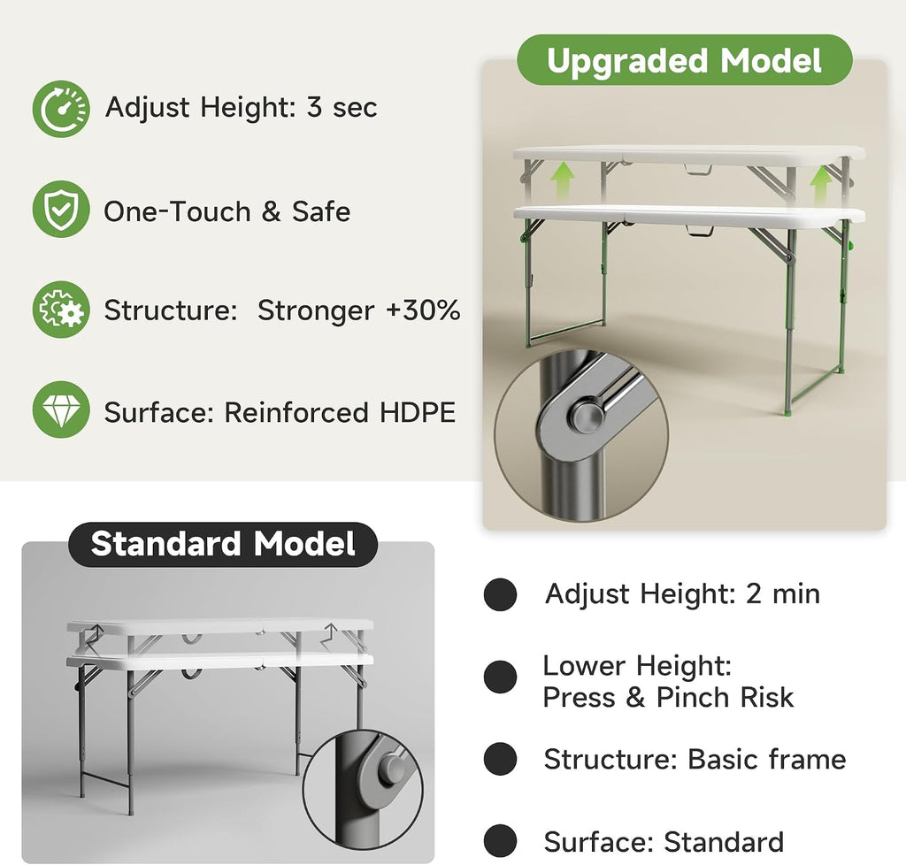 Folding Table 4 Foot - 2-Position Adjustable Height, Heavy Duty 400 lbs Capacity - Portable Tables Folding for Camping, Party, Indoor & Outdoor Use, 1 Pack