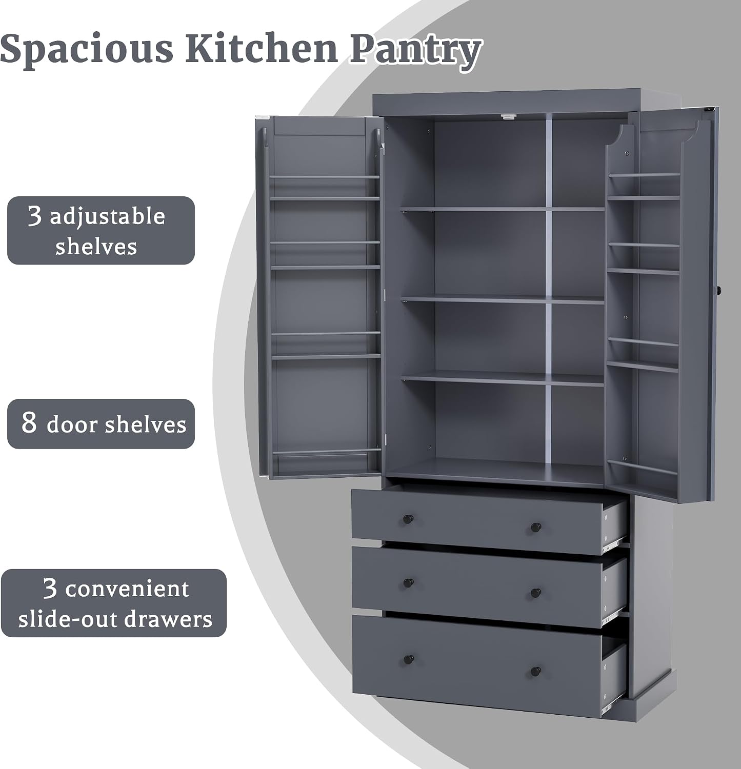 RuiSiSi Farmhouse Kitchen Pantry, 77inch Freestanding Tall Cupboard Storage Cabinet with 3 Adjustable Shelves, 8 Door Shelves, 3 Drawers for Kitchen Dining Room Living Room, Gray