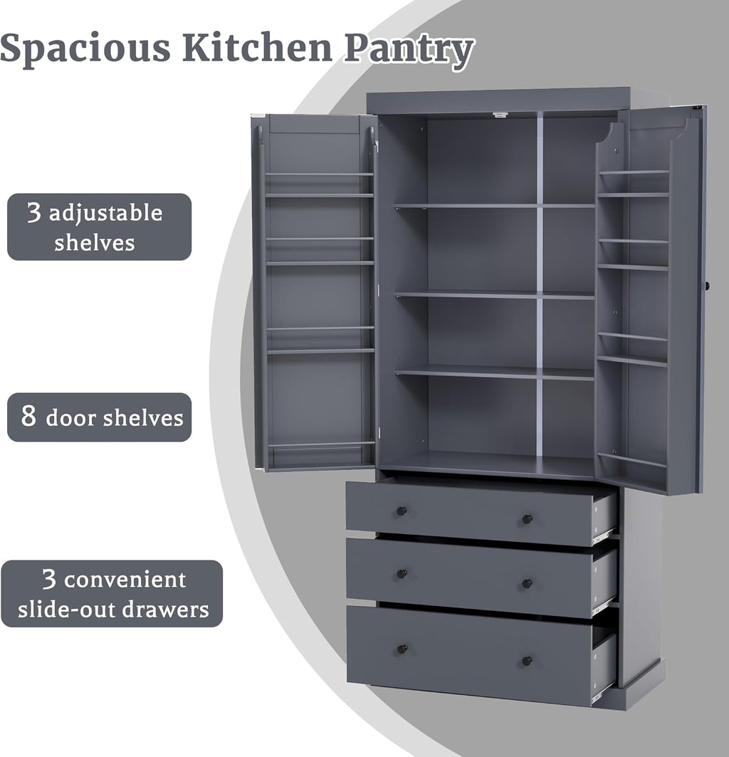 LUMISOL Kitchen Pantry Sideboard, 77” High Freestanding Large Cupboard Storage Cabinet with 3 Drawers, 3 Adjustable Shelves, 8 Door Shelves for Kitchen, Dining Room, Grey