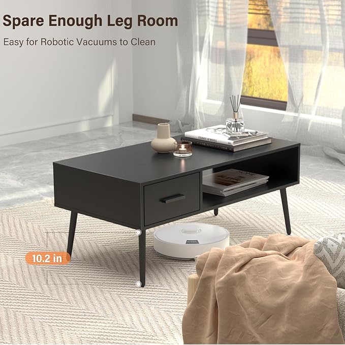 HAIOOU Coffee Table, Mid Century Modern Style Cocktail Table TV Stand with Drawer, Open Storage Shelf, Stable Floor-Anti-Scratching Pine Leg for Home, Office, Living Room - Black