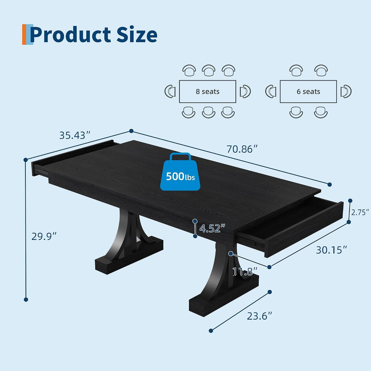 GarveeHome Dining Table for 6-8 with 2 Drawers,71-Inch Industrial Dining Table with Large Tabletop & Sturdy Frame, Rectangular Wooden Kitchen Table with Double Pedestal, for Dinner， Rustic Black