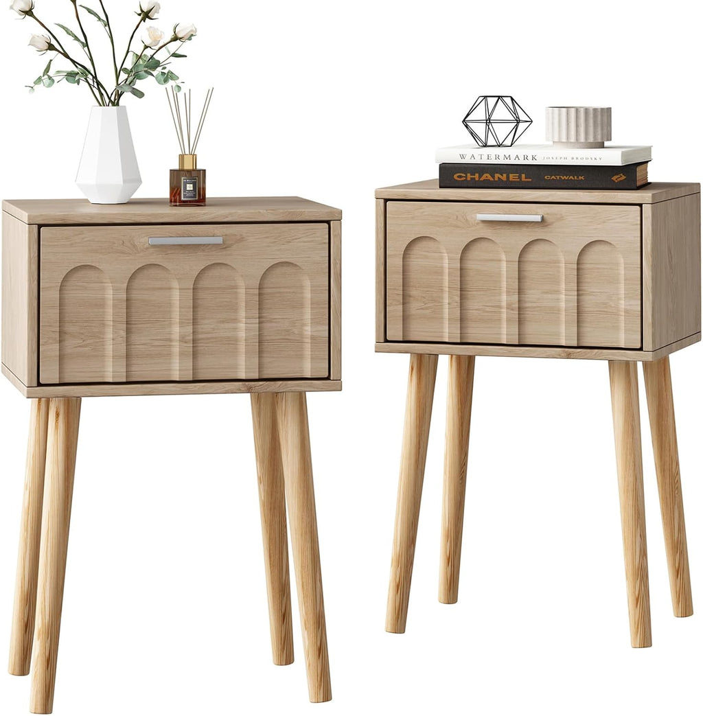LAATOOREE Nightstand Set of 2, Small Bed Side Table with Arch Door, Mid-Century End Table with Wood Legs for Bedroom, Small Space (Natural)