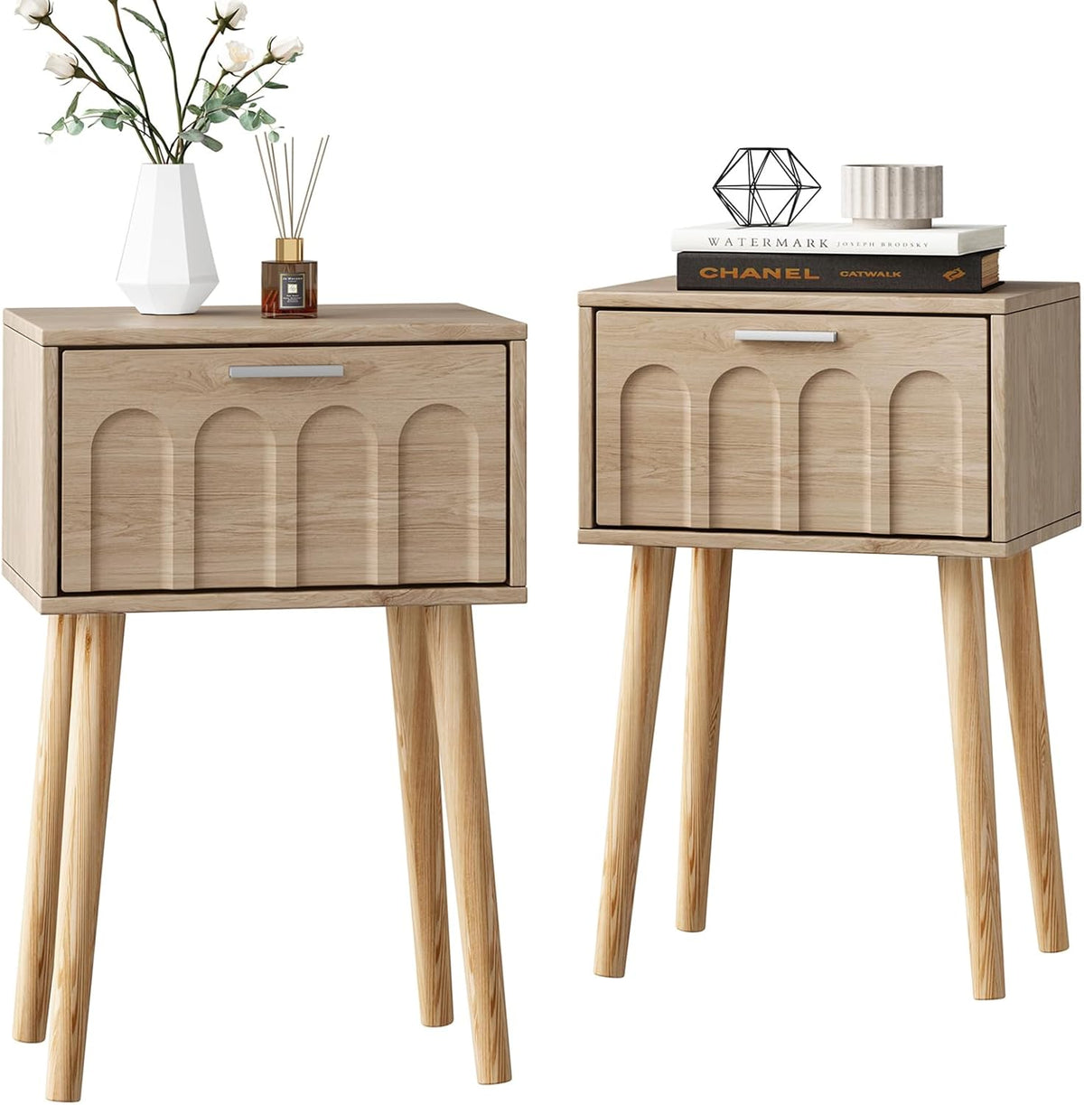 LAATOOREE Nightstand Set of 2, Small Bed Side Table with Arch Door, Mid-Century End Table with Wood Legs for Bedroom, Small Space (Natural)