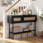 GOFLAME 40” Rattan Console Table, Narrow Long Entryway Table with Storage Shelf, 2 Flip Door Cabinets, Metal Frame, Boho, Farmhouse Behind Couch Sofa Tables for Living Room, Hallway (Black)