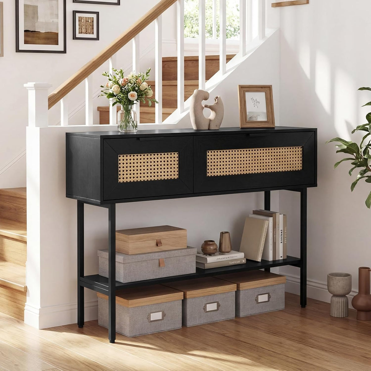 GOFLAME 40” Rattan Console Table, Narrow Long Entryway Table with Storage Shelf, 2 Flip Door Cabinets, Metal Frame, Boho, Farmhouse Behind Couch Sofa Tables for Living Room, Hallway (Black)