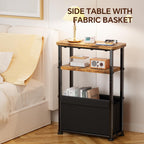 Simple Trending Side Table, 3-Tier Modern End Table with Fabric Basket, Skinny Bedside Table, Thin Nightstand for Bedroom Living Room, Rustic Brown