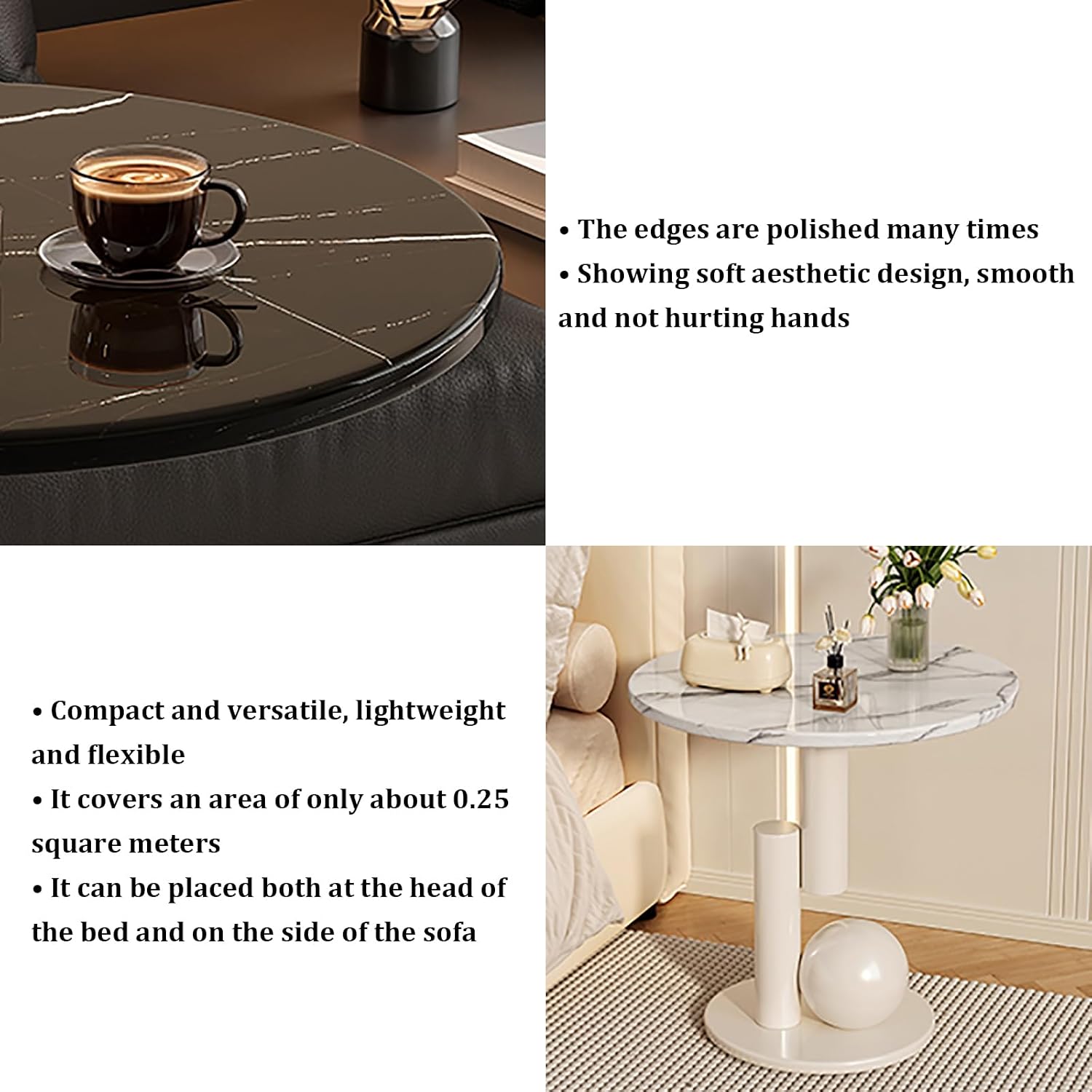 Metal End Table, Living Room Coffee Table with Marble Tabletop, Modern Geometric Decorative Table for Sofa Bedroom Apartment Reception Area Hotel(Width 23.6in/60cm, Black-White Base)
