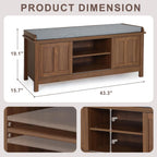 2-Tier Shoe Storage Bench,43" Wooden Shoe Cabinet with Sliding Doors,Walnut Shoe Bench with Adjustable Shelves,Storage Bench for Entryway,Hallway,Bedroom