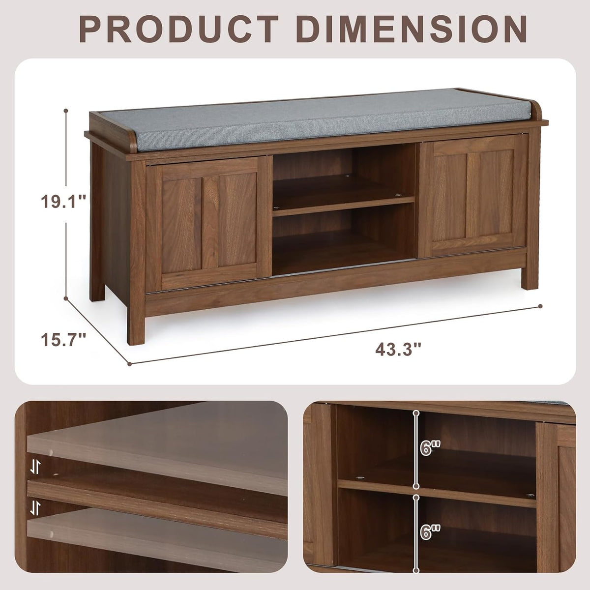 2-Tier Shoe Storage Bench,43" Wooden Shoe Cabinet with Sliding Doors,Walnut Shoe Bench with Adjustable Shelves,Storage Bench for Entryway,Hallway,Bedroom