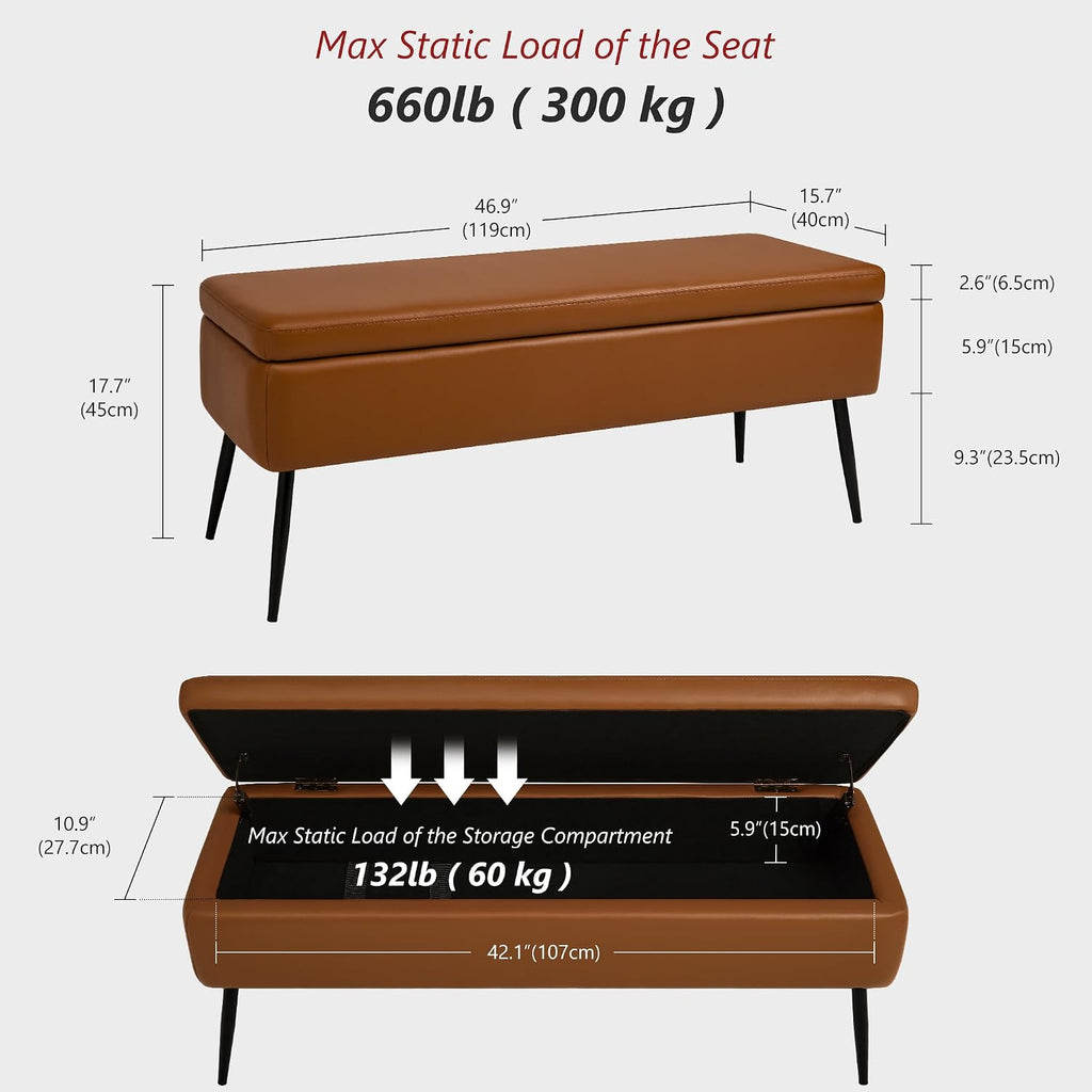 kinmars Leather Storage Ottoman Bench, End of Bed Bench with Steel Legs | Brown Leather Smooth Upholstery Design | 660 lb Capacity | Safety Hinges |Mid-Century Modern Style | Bedroom & Entryway