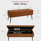 kinmars Leather Storage Ottoman Bench, End of Bed Bench with Steel Legs | Brown Leather Smooth Upholstery Design | 660 lb Capacity | Safety Hinges |Mid-Century Modern Style | Bedroom & Entryway