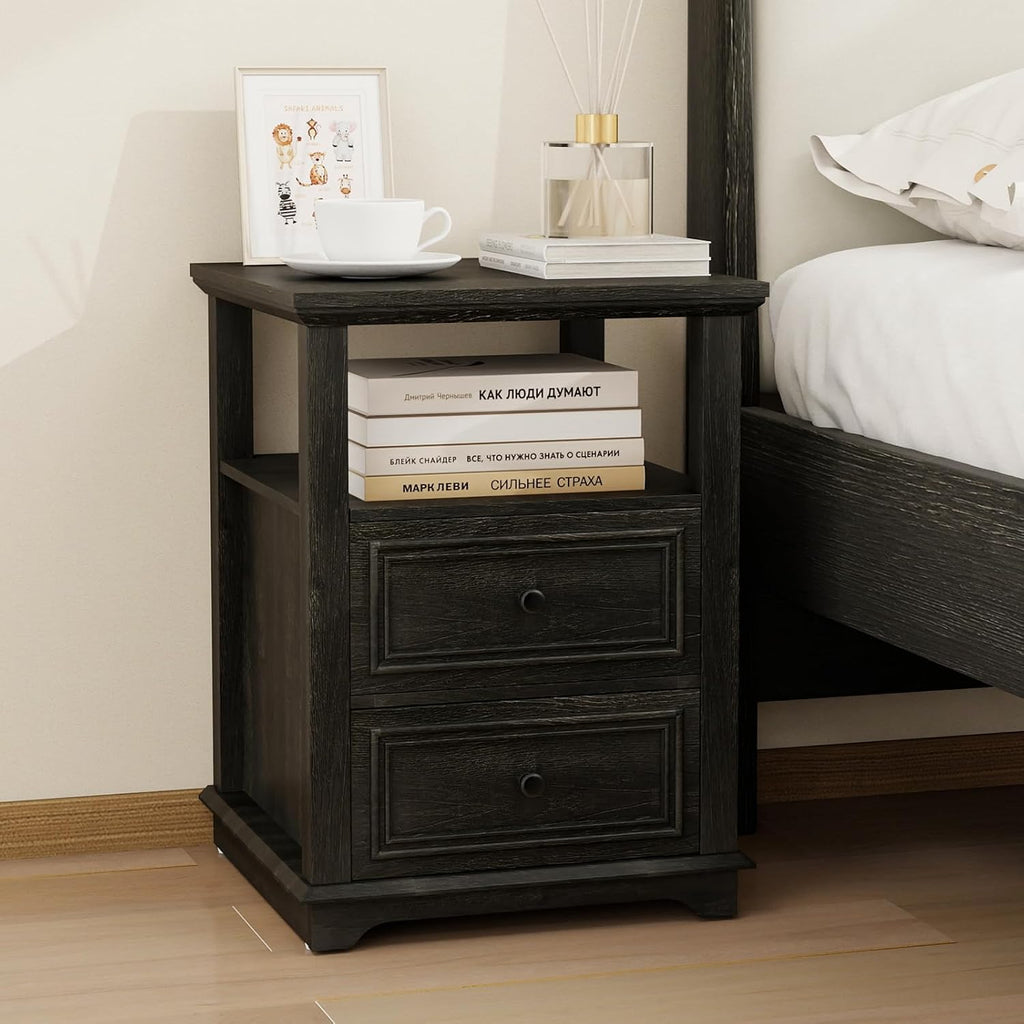 MUUEGM Farmhouse Nightstand 18” Brown End Table with Charging Station Rustic Wood Tall Bedside Table with 2 Drawers Storage Small Dresser Open Shelf for Bedroom, Living Room, Closet