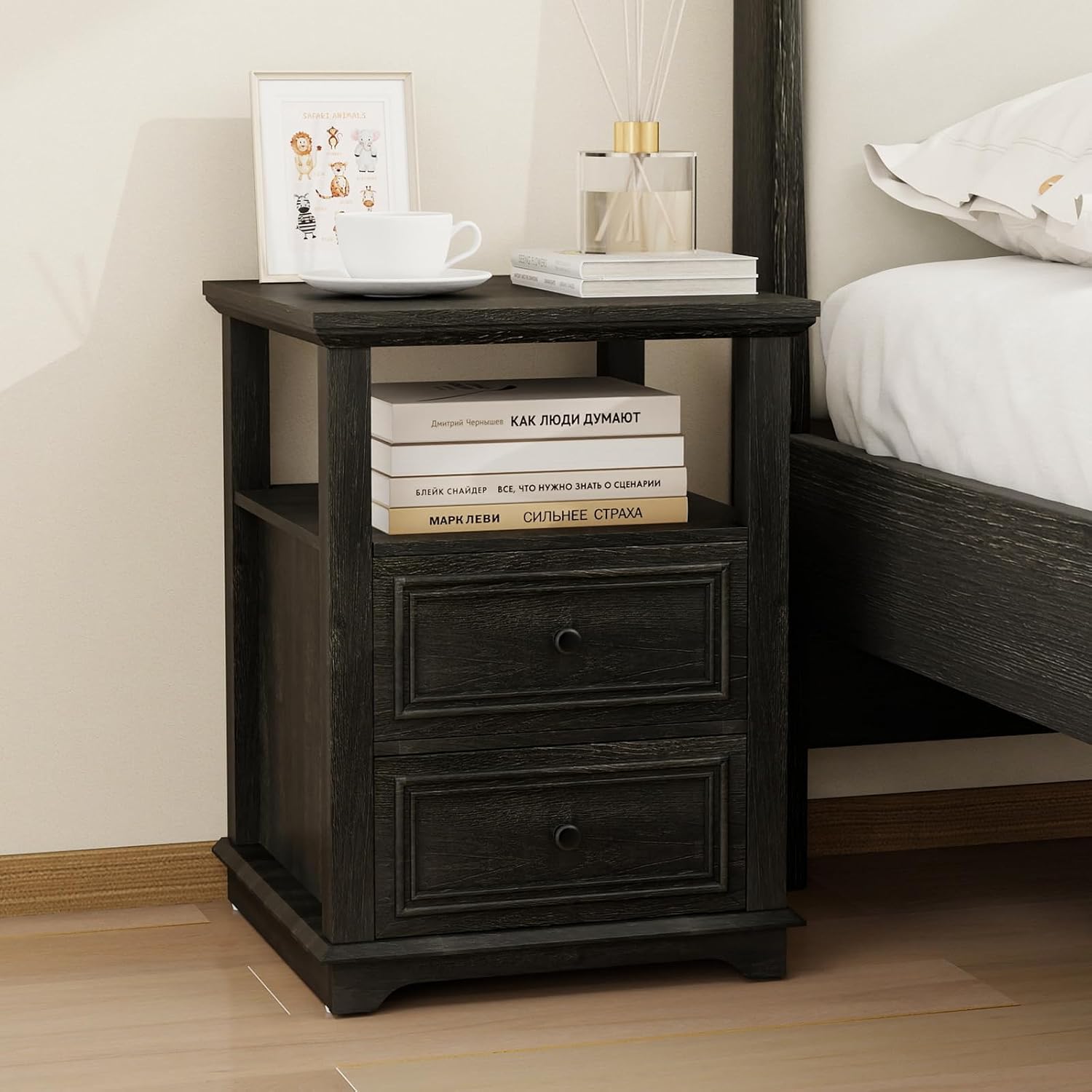 MUUEGM Farmhouse Nightstand 18” Brown End Table with Charging Station Rustic Wood Tall Bedside Table with 2 Drawers Storage Small Dresser Open Shelf for Bedroom, Living Room, Closet