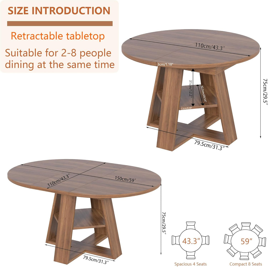 43.3"-59" Extendable Round Oval Dining Table for 4-8 with Storage Shelf | Modern Kitchen Oval Dining Table with Removable Leaves,Space Saving Extendable Table Wood Base for Kitchen Living Room Walnut