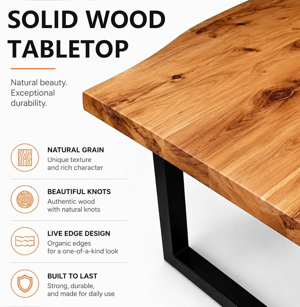 Farmhouse Live Edge Dining Table, Solid Wood Dining Table with 2" Table Top & Metal Base, Wood Slab Industrial Live Edge Desk for Kitchen & Dining Room 2,4,6 People (63 * 31.5 * 29.5IN)