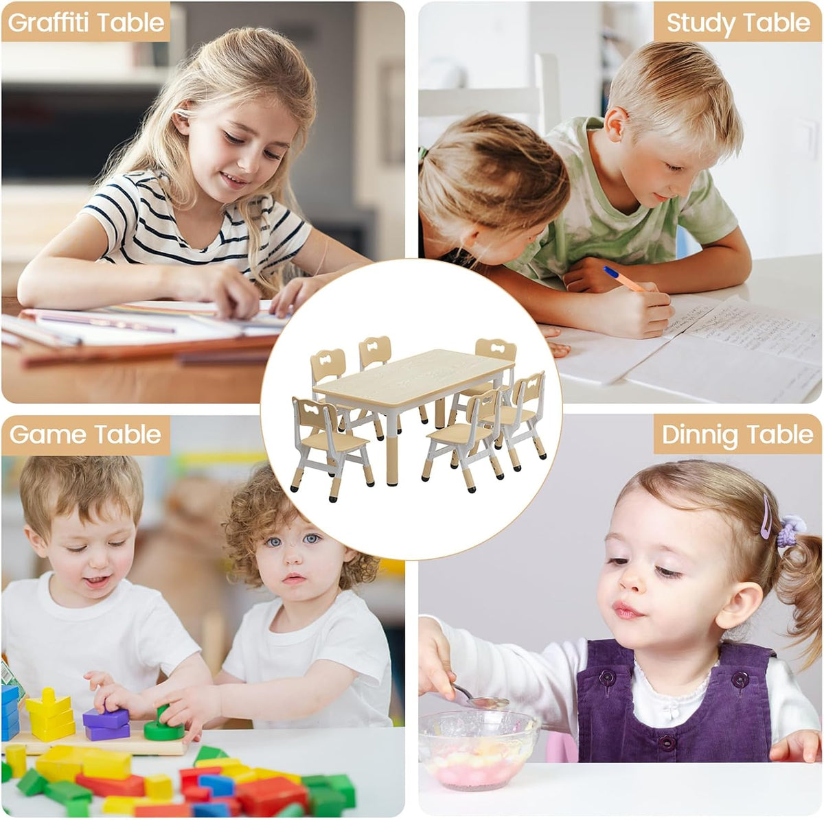 Kids Table and 6 Chairs Set, Height Adjustable Toddler Table and Chairs Set | Graffiti Desktop, Non-Slip Legs, Children Activity Table for for Ages 2-10 Daycare Classroom Home Preschool, Natural