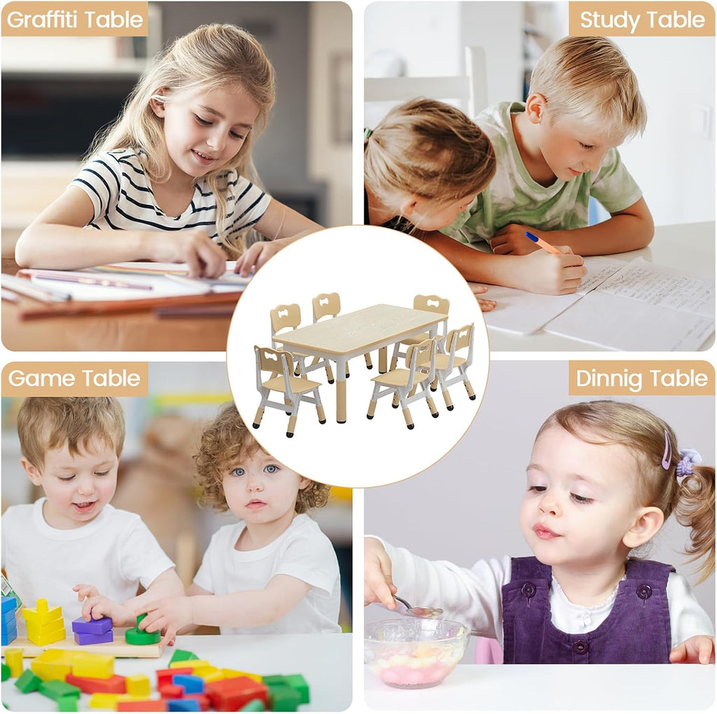 OUTLANE Kids Table and 6 Chairs Set, 47.2"X23.6" Activity Table with Anti-Slip Pads, Wooden Toddler Table and Chair Set with Storage Box, Art Craft Desk for Home Classroom Daycare, 12 Color Pens