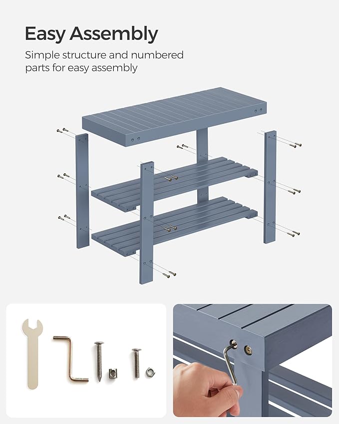 SONGMICS Shoe Rack Bench, 3-Tier Bamboo Shoe Storage Organizer, Entryway Bench, Holds Up to 286 lb, 11.3 x 27.6 x 17.8 Inches, for Entryway Bathroom Bedroom, Grey ULBS04GY