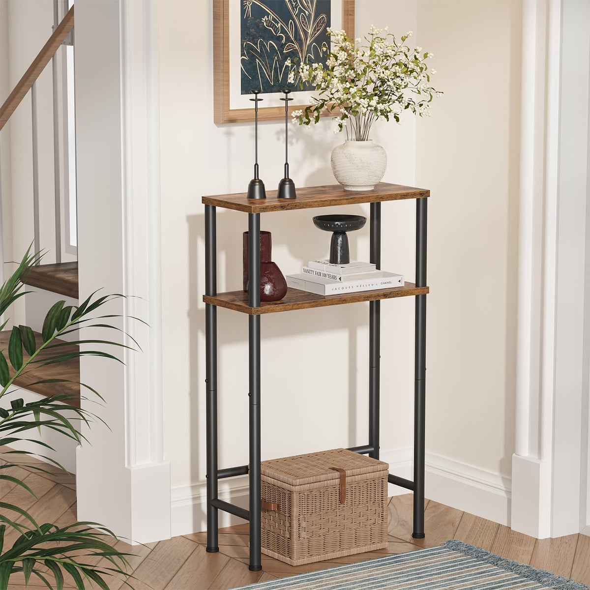 Asgolion Narrow Console Table, 15.7" Small Entryway Table, 2-Tier | Sofa Table with Storage, Skinny Console Tables for Entryway, Hallway, Bedroom, Living Room, Foyer, Rustic Brown