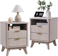 T4TREAM 18" Fluted Nightstand with 2 Drawers Set of 2, White Alder | Charging Station, Open Cubby, Mid Century Modern, Curved Profile, Metal Handles, Smooth Slides, Cable Cutout, Living Room