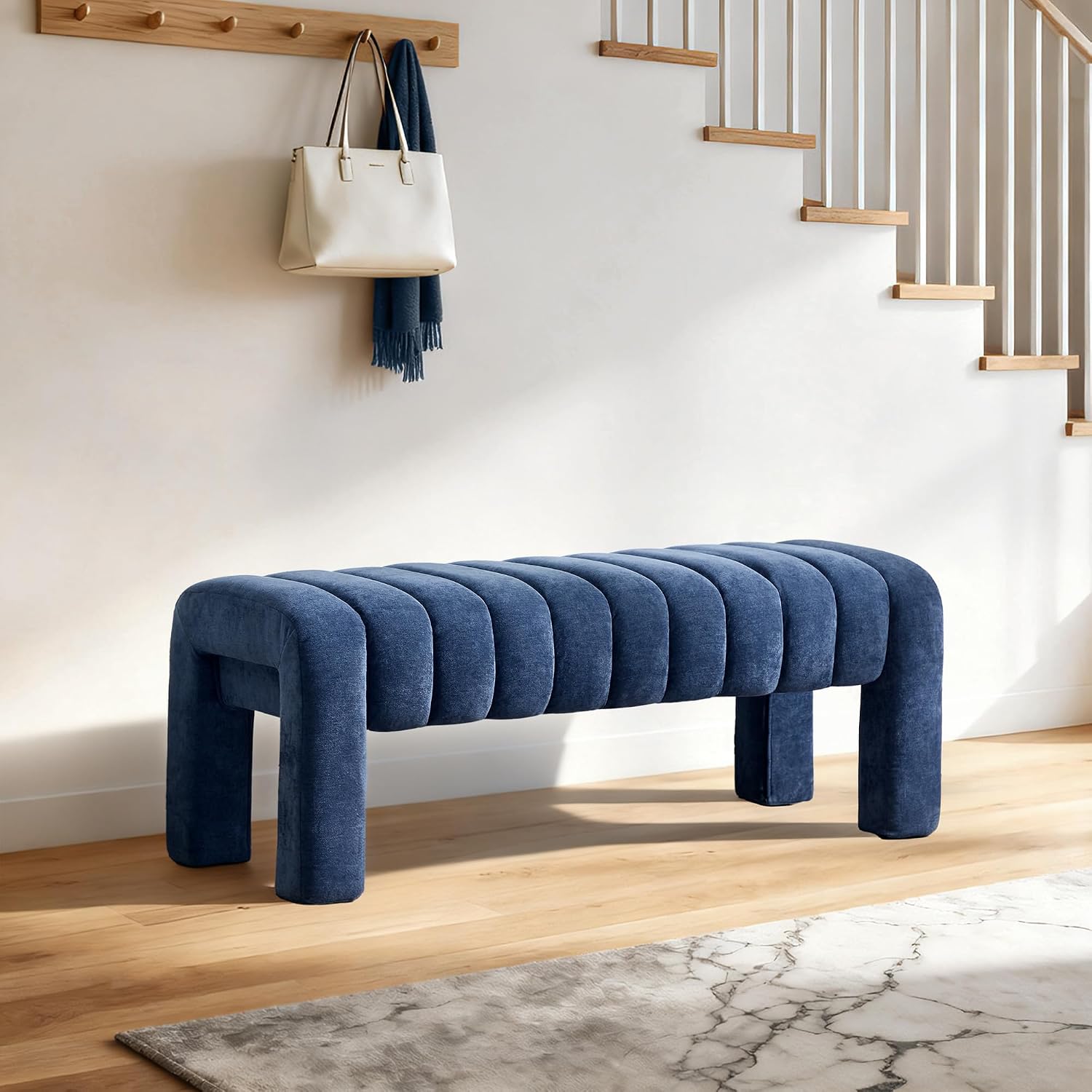 43’’ Bedroom Bench, Upholstered End of Bed Bench with Solid Wood Legs, Modern Small Dining Bench with Full Covered Fabrics for Entryway, Bedroom, Living Room (Blue, Chenille)