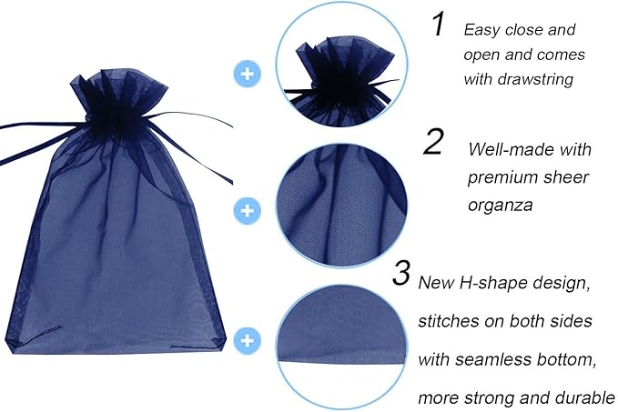 Wudygirl 100PCS Organza Bags 5X7 inch Navy Blue with Drawstring Jewelry Pouch Favor Wedding Favor Bags(Navy Blue 5x7'')