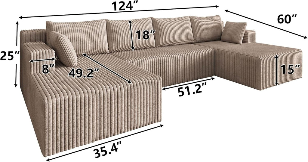 124 Inch Oversized Sectional Sofa Cloud Couch for Living Room - Symmetrical U Shaped Modular Couches Set with Double Chaise, No Assembly Floor Compression Sofa & Couch