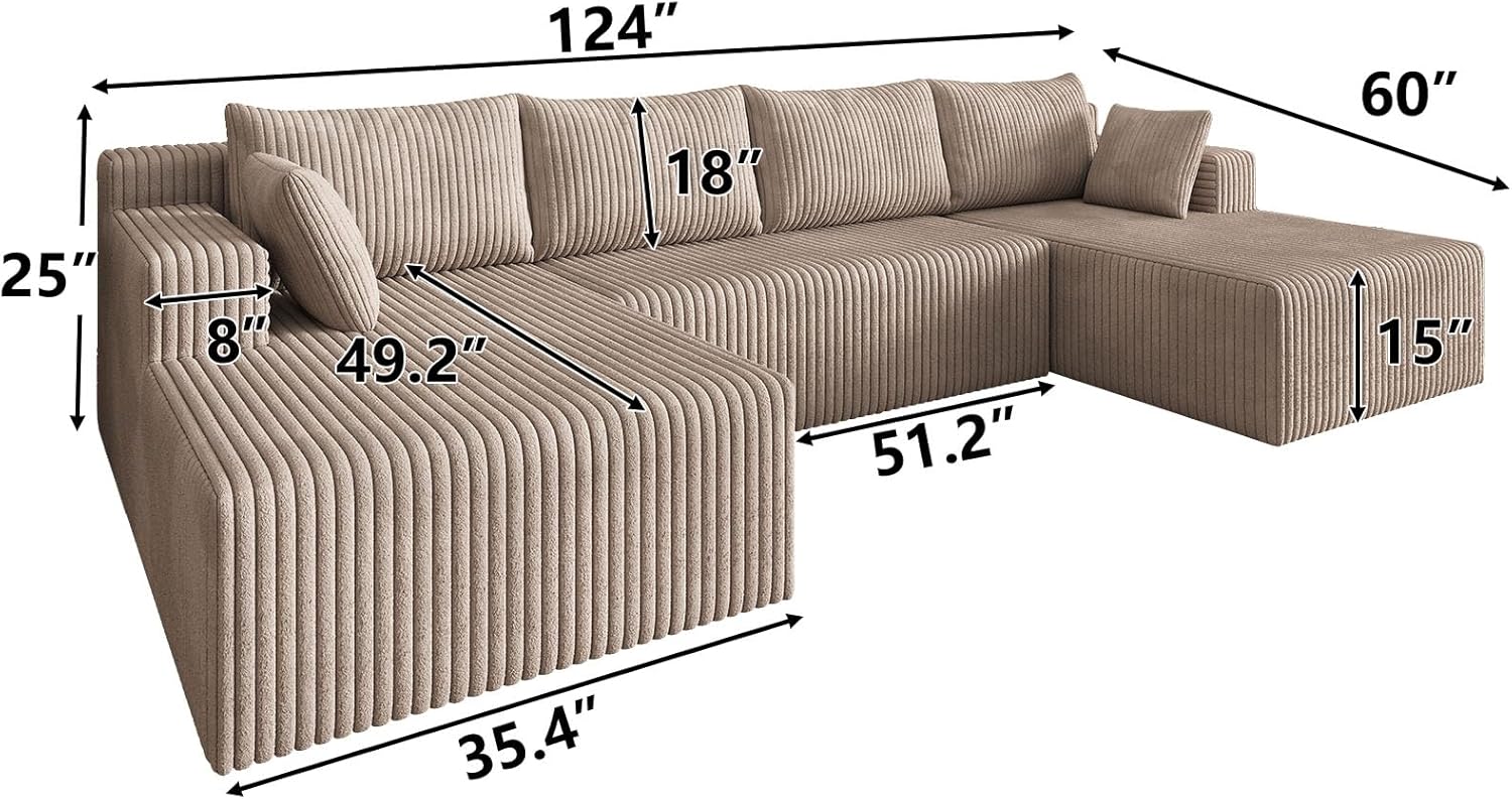 124 Inch Oversized Sectional Sofa Cloud Couch for Living Room - Symmetrical U Shaped Modular Couches Set with Double Chaise, No Assembly Floor Compression Sofa & Couch