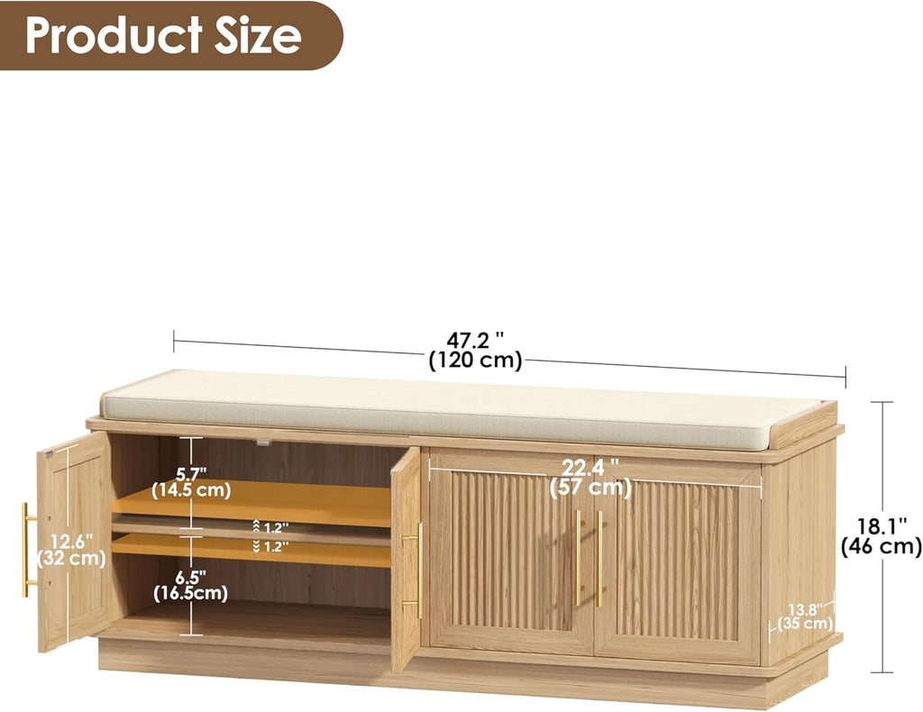 Akxomel Fluted Shoe Storage Bench with Cushion, 47.2" Entryway Bench with Adjustable Shelves and 4 Doors, Shoe Cabinet Bench with Curved Profile, for Hallway, Living Room, Bedroom, Natural Oak