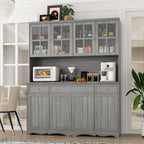 Kitchen Pantry Cabinet with Glass Doors and 3 Drawers, Tall Freestanding Storage Cabinet with Open Countertop, Fluted Doors, Living Room, Grey 59.1”W x 17.7”D x 74.8”H