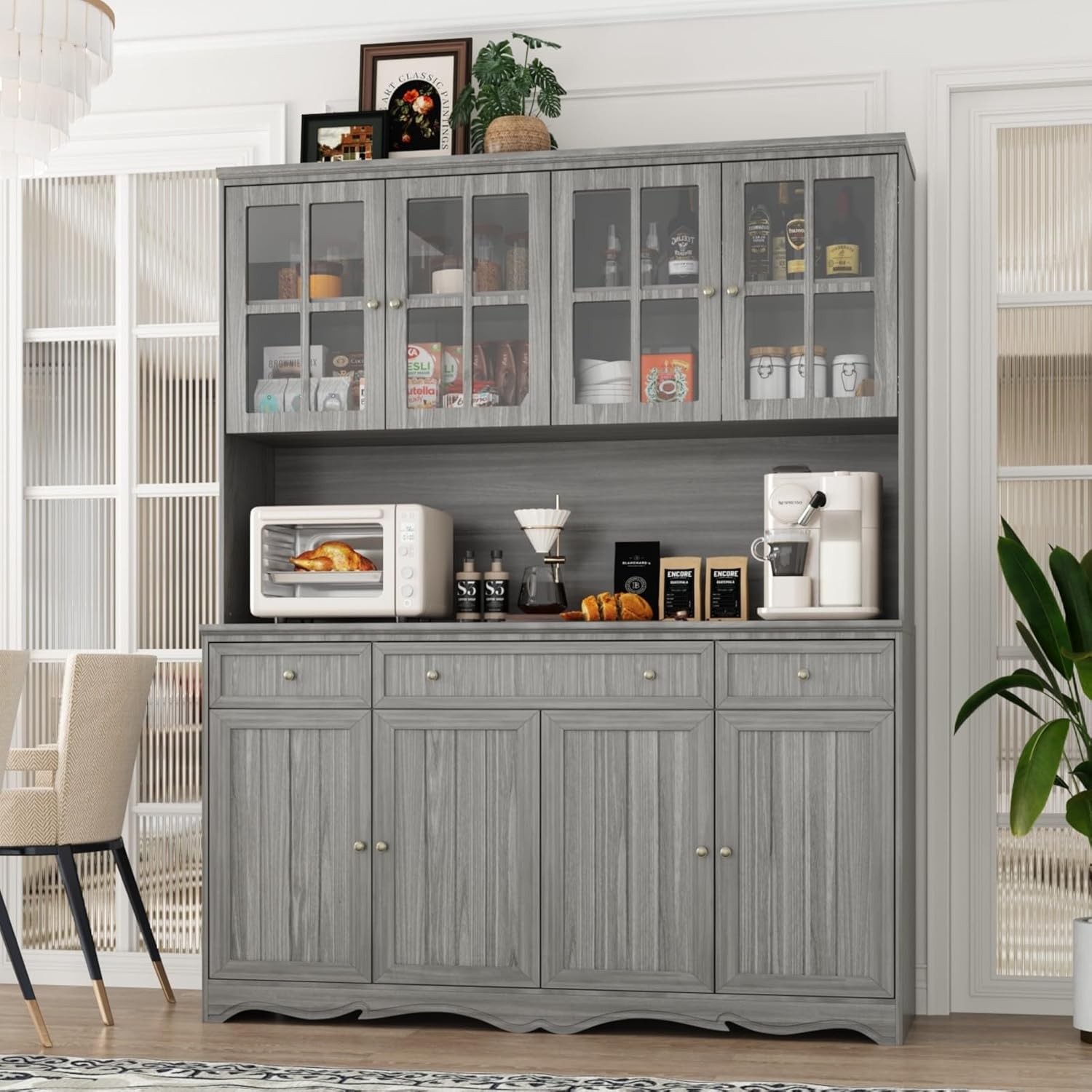 Kitchen Pantry Cabinet with Glass Doors and 3 Drawers, Tall Freestanding Storage Cabinet with Open Countertop, Fluted Doors, Living Room, Grey 59.1”W x 17.7”D x 74.8”H