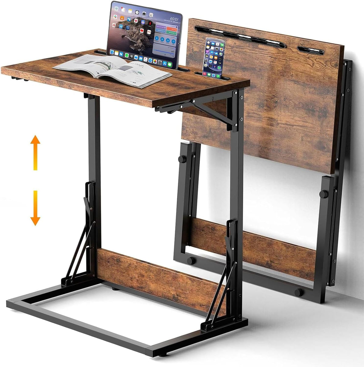 Folding TV Trays Set of 2 , Adjustable Height TV Trays for Eating on Couch | TV dinner tray table with tablet&phone slots,c shaped end table,laptop desk for sofa,bedside,recliner,dining,working,gaming