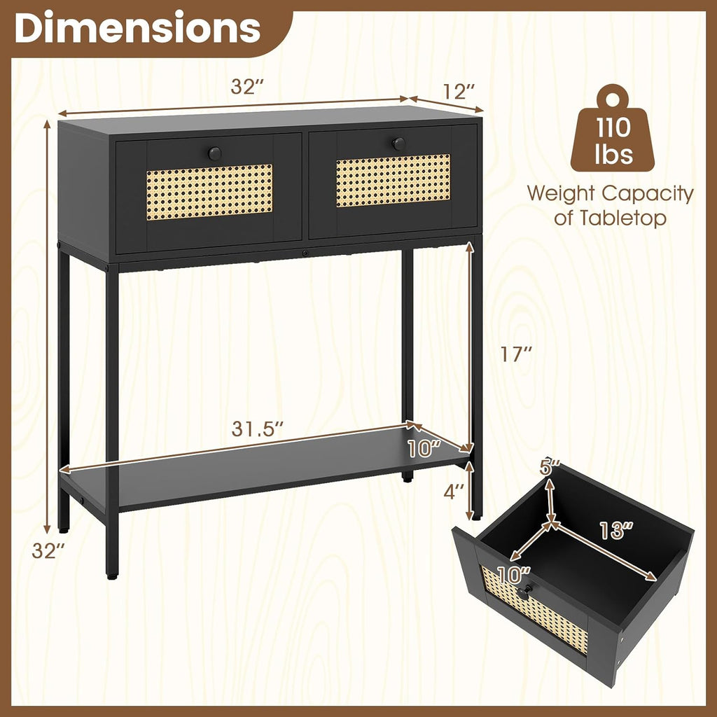 GOFLAME Rattan Console Table, Boho Entryway Table with 2 Drawers & Open Storage Shelf, Narrow Long Sofa Table with Metal Legs, Foyer Table Behind Couch Table for Living Room, Hallway, Black