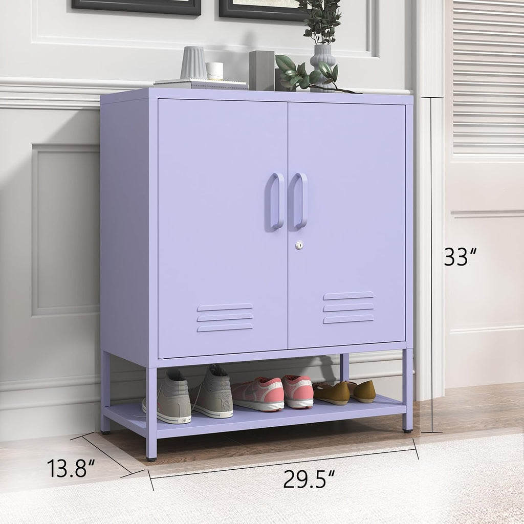 Three Tier Metal Shoe Cabinet for Home use Featuring Adjustable Shelves Multifunctional Two Door Storage Cabinet Suitable for entryways and hallways Purple Size: 13.8" D x 29.5" W x 33" H