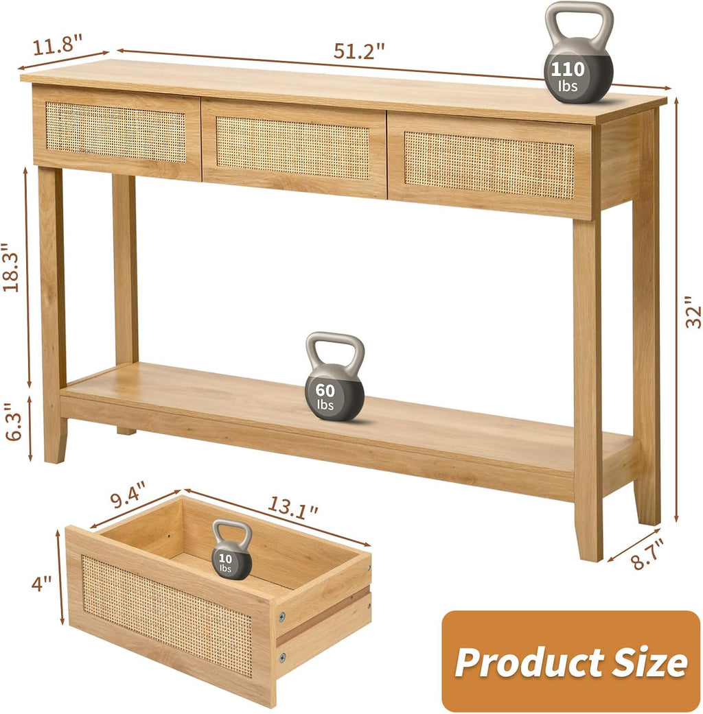 Karl home 51"Console Table w/3 Rattan Drawers & Storage Shelf, Natural Wood | Boho sofa table with 13.1"W rattan drawers,storage shelf,living room and hallway use, natural wood look