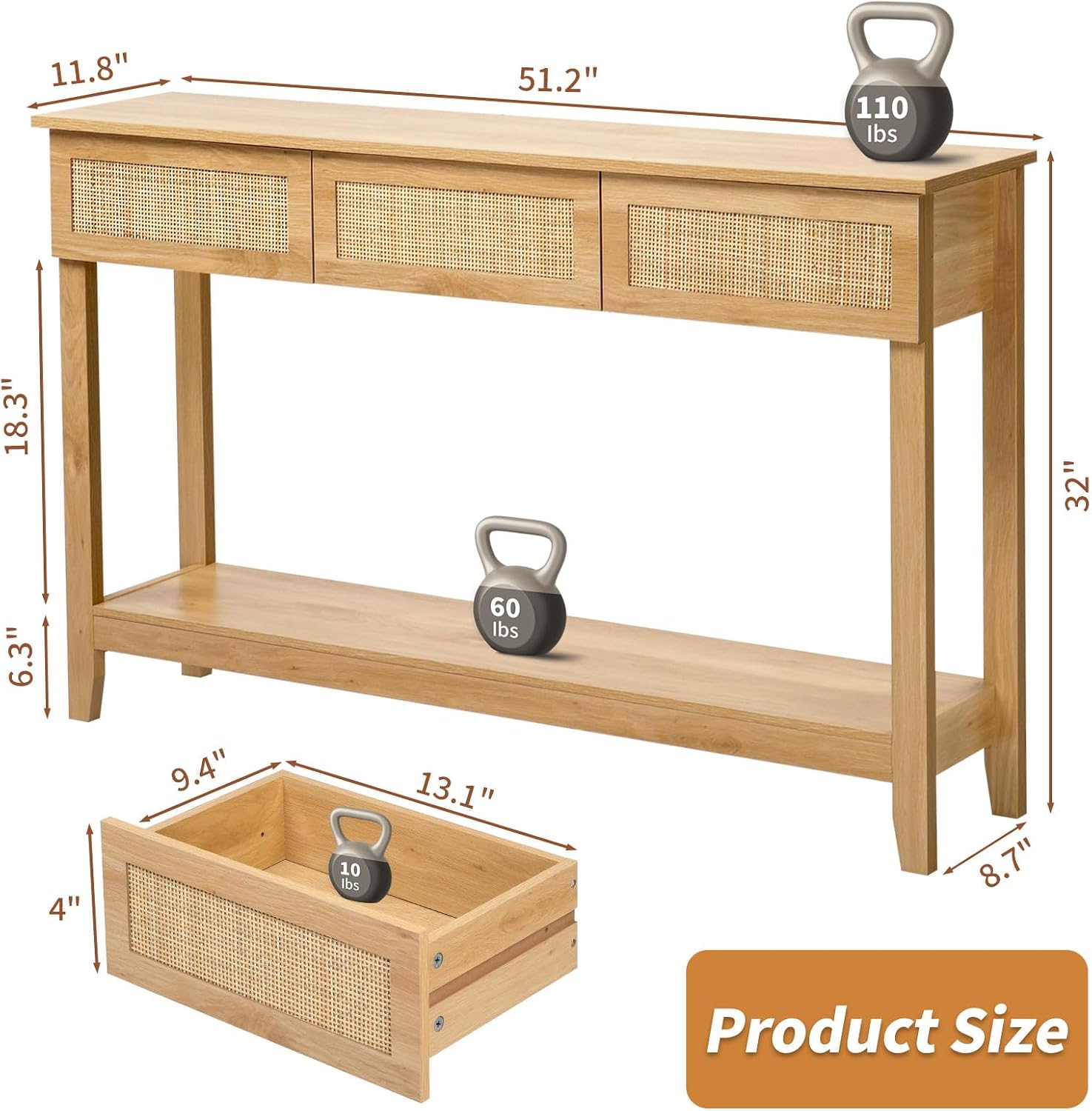 Karl home 51"Console Table w/3 Rattan Drawers & Storage Shelf, Natural Wood | Boho sofa table with 13.1"W rattan drawers,storage shelf,living room and hallway use, natural wood look