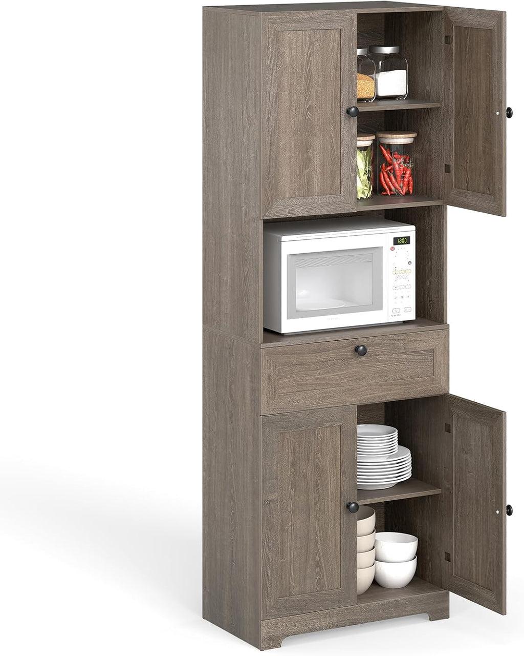 GOFLAME 67.5" Tall Pantry Cabinet, Freestanding Kitchen Pantry Cupboard with 4 Doors, 1 Drawer, & Open Compartment, Floor Storage Cabinet with Adjustable Shelf for Bathroom, Living Room (Gray Oak)