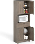 GOFLAME 67.5" Tall Pantry Cabinet, Freestanding Kitchen Pantry Cupboard with 4 Doors, 1 Drawer, & Open Compartment, Floor Storage Cabinet with Adjustable Shelf for Bathroom, Living Room (Gray Oak)