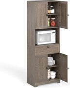 GOFLAME 67.5" Tall Pantry Cabinet, Freestanding Kitchen Pantry Cupboard with 4 Doors, 1 Drawer, & Open Compartment, Floor Storage Cabinet with Adjustable Shelf for Bathroom, Living Room (Gray Oak)