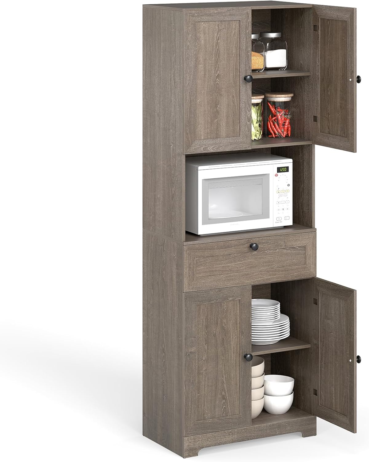GOFLAME 67.5" Tall Pantry Cabinet, Freestanding Kitchen Pantry Cupboard with 4 Doors, 1 Drawer, & Open Compartment, Floor Storage Cabinet with Adjustable Shelf for Bathroom, Living Room (Gray Oak)