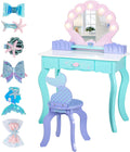 Vanity Set with Lights & Mirror, Wooden Dressing Table and Chair | 2 in 1 Ocean Theme Makeup Table and Stool Set, Little Girls Princess Pretend Play Set, Accessories, Kids Vanity for Birthday