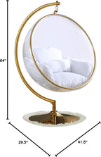 Meridian Furniture Luna Collection Modern | Contemporary Clear Acrylic Accent Swing Chair with Gold Metal Base and Durable Fabric Seat, 41.5" W x 29.5" D x 64" H, White