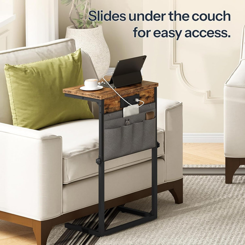 HOOBRO C Shaped End Table with Charging Station, 30” Adjustable Height Sofa Side Table with Storage Pocket, Slide Under Couch Table for Sofa Arm Tray, for Living Room, Bedroom, Rustic Brown BF77USF01
