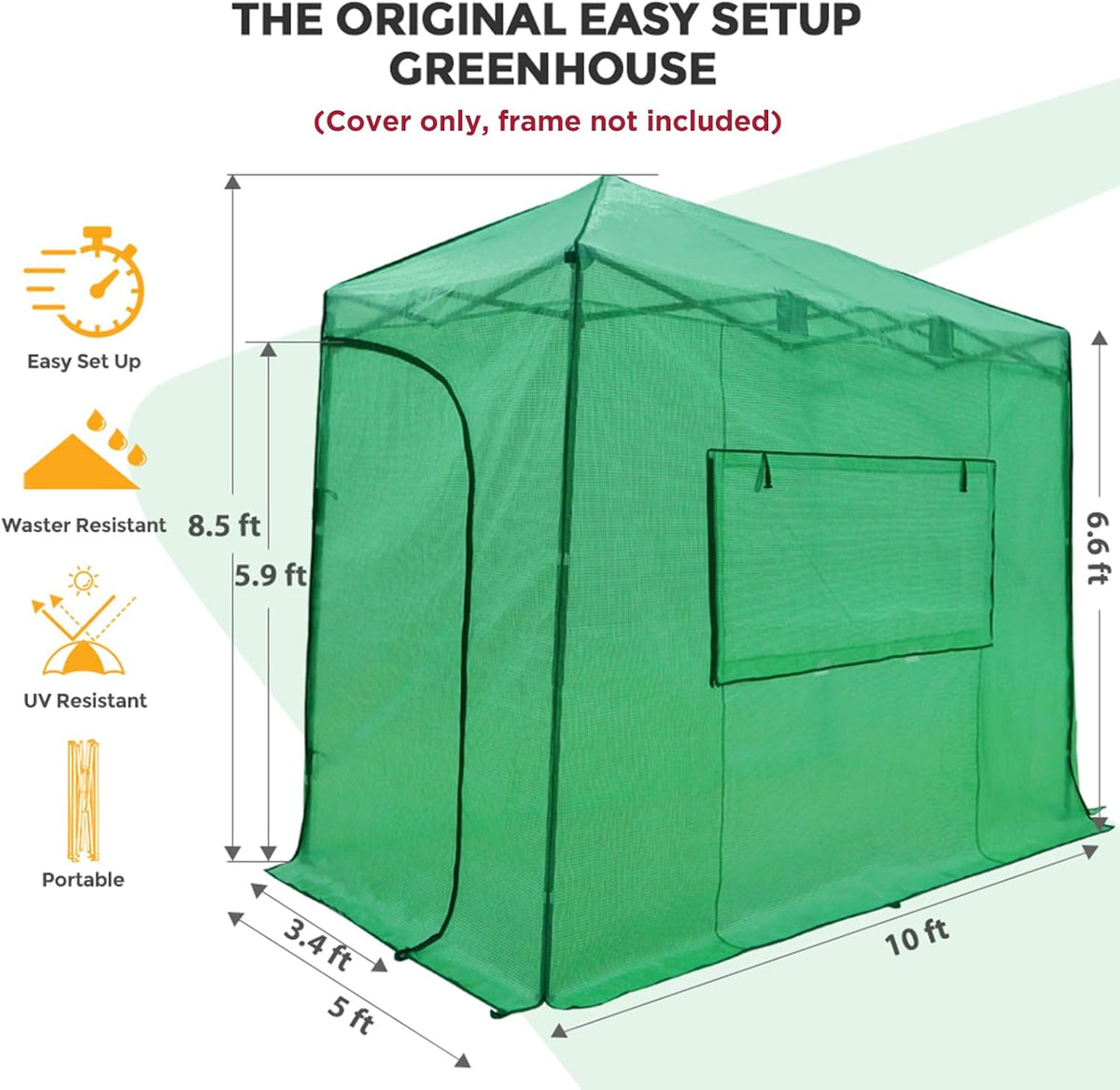 EAGLE PEAK Replacement Cover for 10x5 Portable Lean-to Greenhouse, 2 Roll-Up Zipper Entry Doors and 1 Large Roll-Up Side Window (Frame Not Included), Green