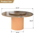 55 Inch Round Dining Table for 6 with Lazy Susan, Modern Farmhouse Kitchen Table with Wood Strip Base for Dining Living Room, Brown
