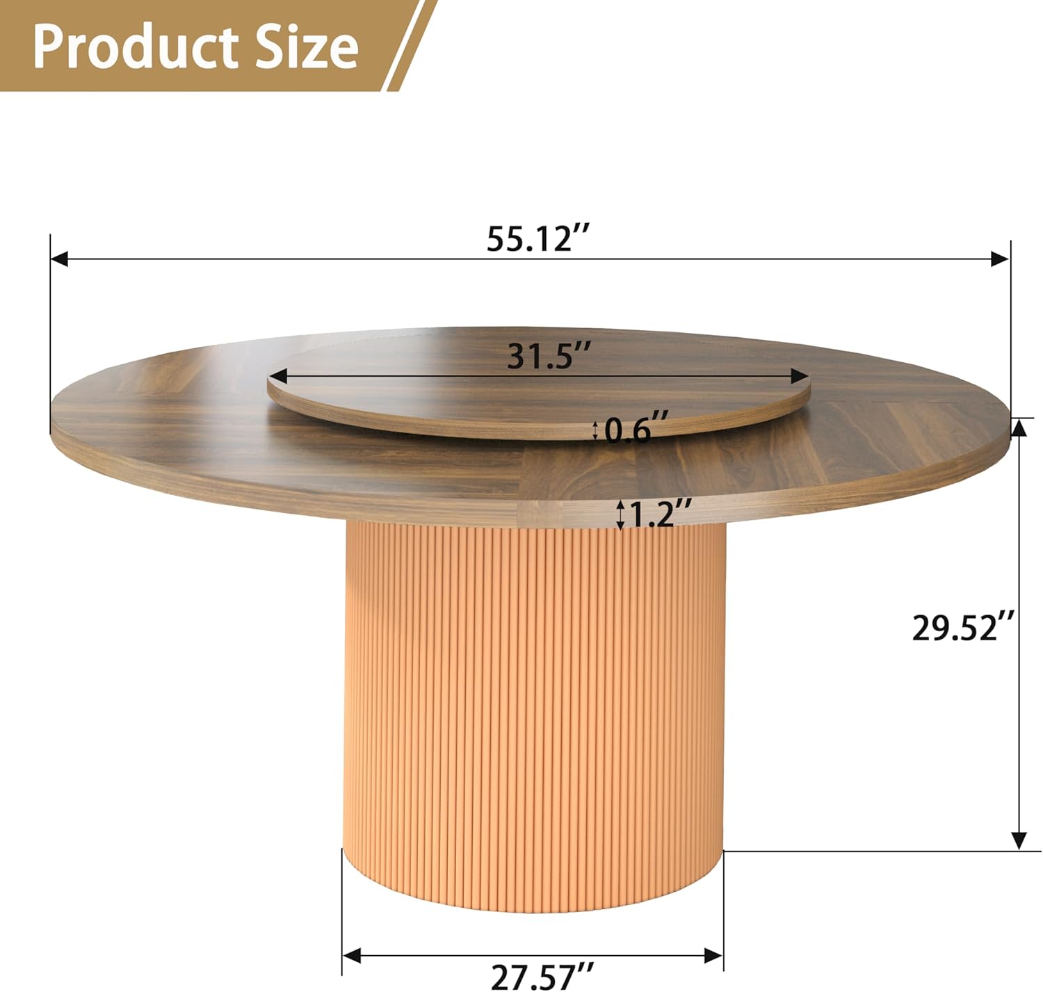 55 Inch Round Dining Table for 6 with Lazy Susan, Modern Farmhouse Kitchen Table with Wood Strip Base for Dining Living Room, Brown