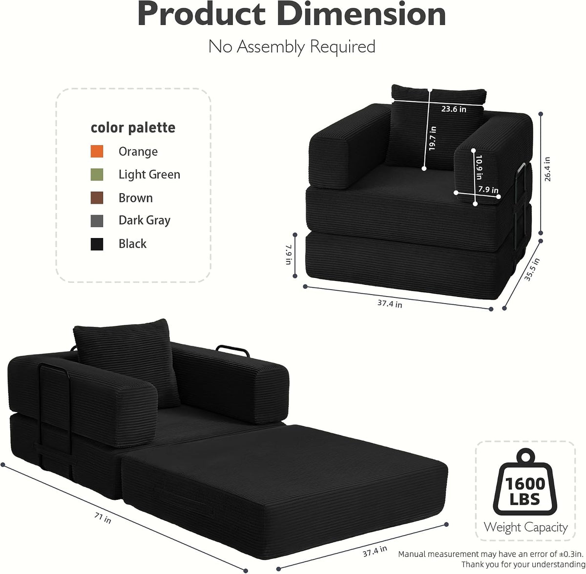 37.4in Convertible Sofa Bed, Corduroy Couch Bed, Futon Sleeper Sofa Pull Out Bed, Foldable Couch for Living Room Apartment, No Assembly Required