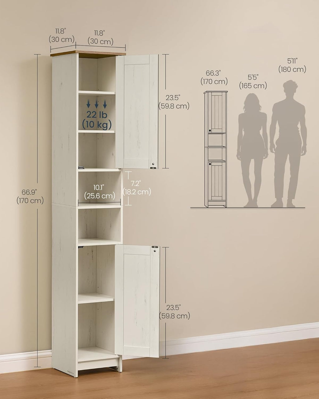 SONGMICS HOME 67-Inch Tall Bathroom Storage Cabinet, Superfast Toolless Assembly, 11.8-Inch Wide Slim Narrow Freestanding Cabinet with Adjustable Shelves, Kitchen Living Room, Rustic White