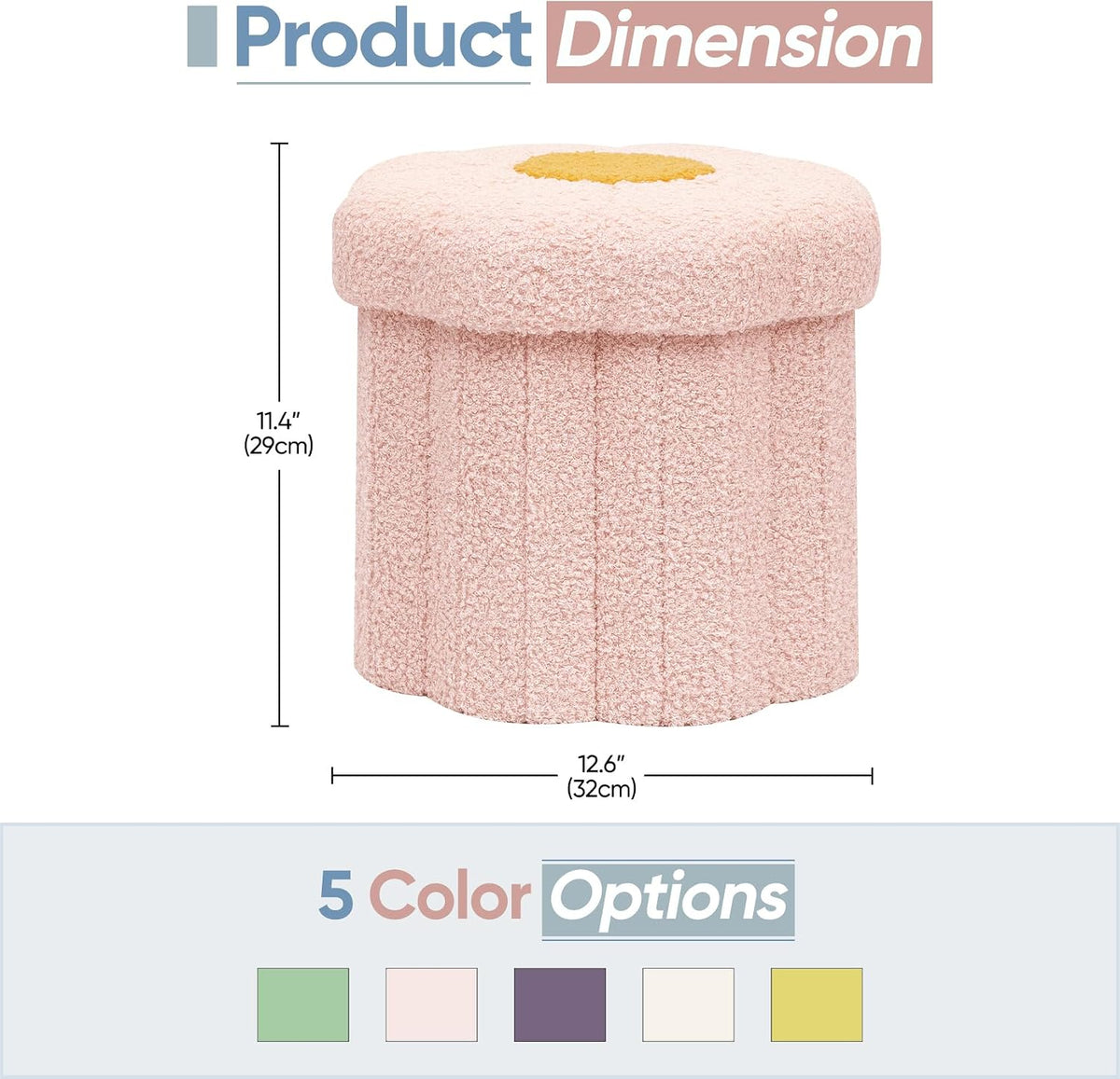 Flower Boucle Storage Ottoman, 12.6" Small Footstool with Padded Seat, Folding Sherpa Foot Rest for Sofa, Floral Accent Side Table for Living Room, Bedroom, Dorm, Pink