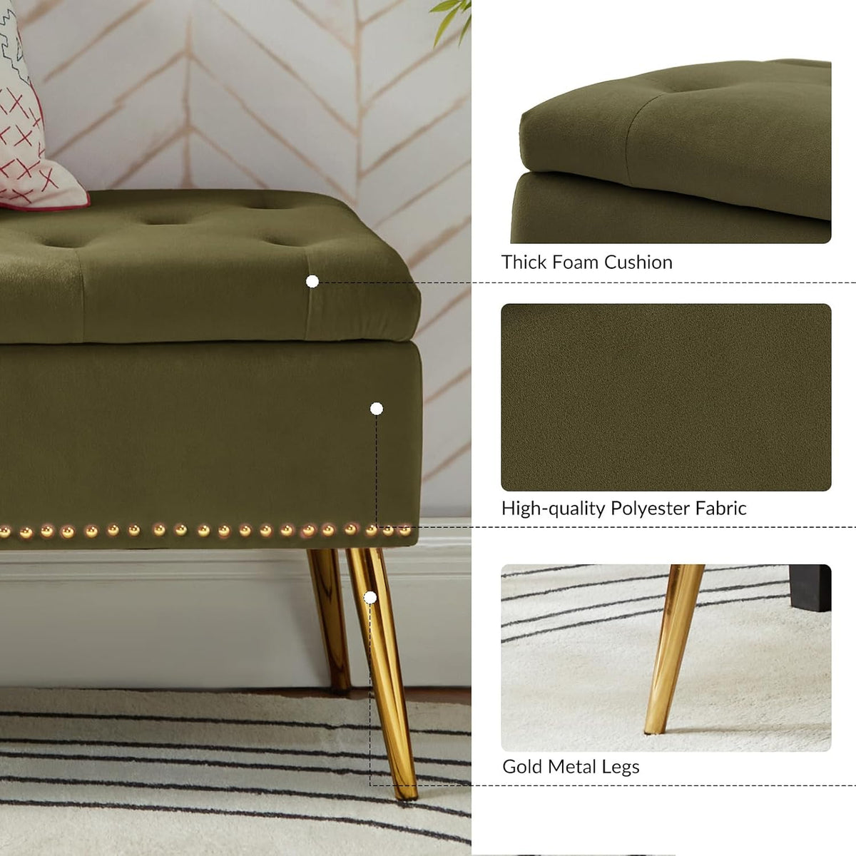 HULALA HOME Modern Velvet Storage Ottoman Bench with Gold Base & Nailhead Trim, Upholstered Bedroom Bench for End of Bed, Button-Tufted Footstool for Entryway Living Room Dining Room, Moss